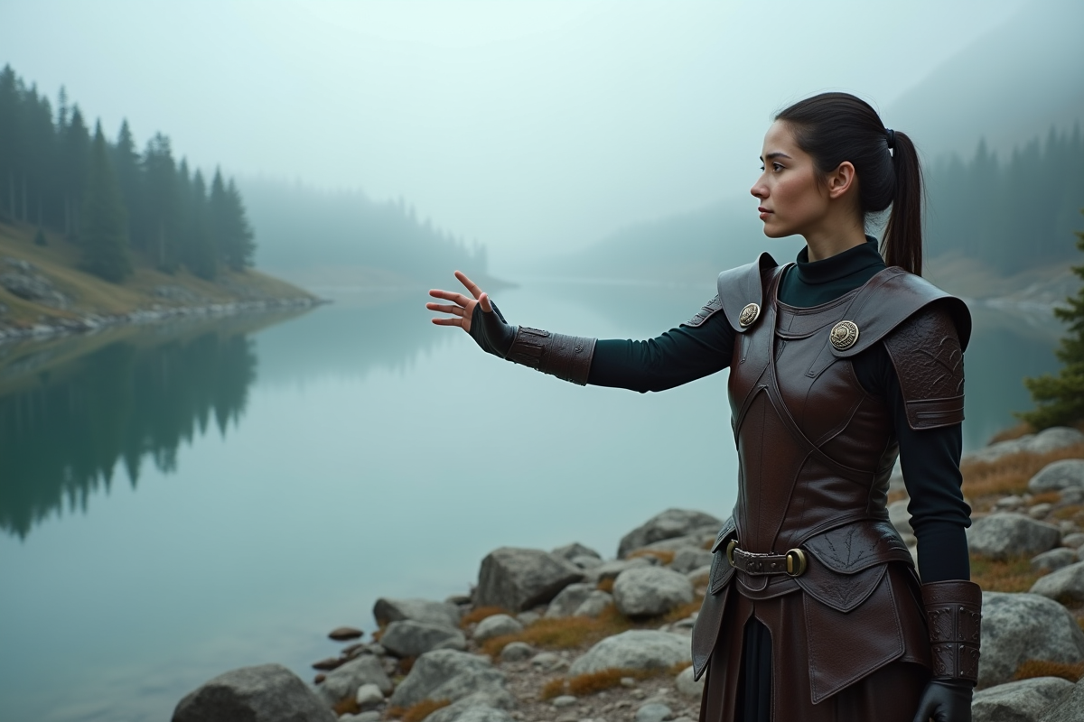 Femme en armure de cuir près d’un lac de montagne brumeux