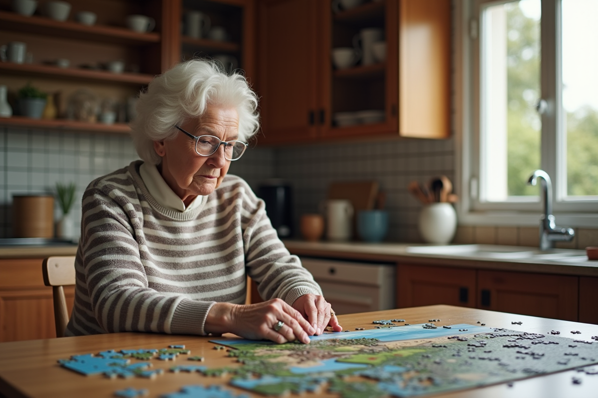 Femme âgée assemble un puzzle paysage dans la cuisine chaleureuse