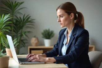 Femme d'âge moyen au bureau compare options de connexion