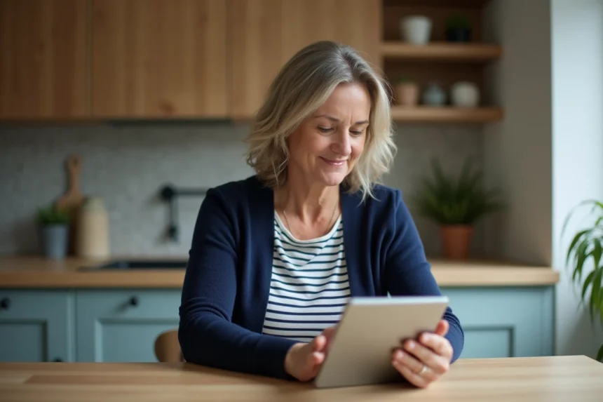 Femme d'âge moyen utilisant une tablette dans la cuisine