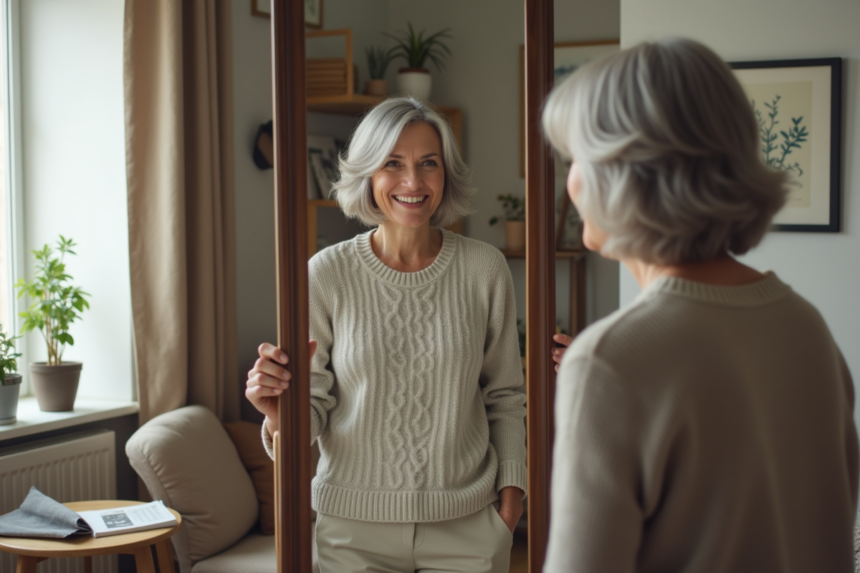 Femme confiante de 60 ans se regardant dans un miroir