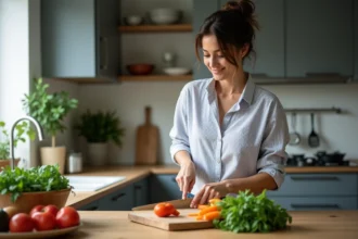 Femme en cuisine coupant des légumes frais dans une cuisine moderne