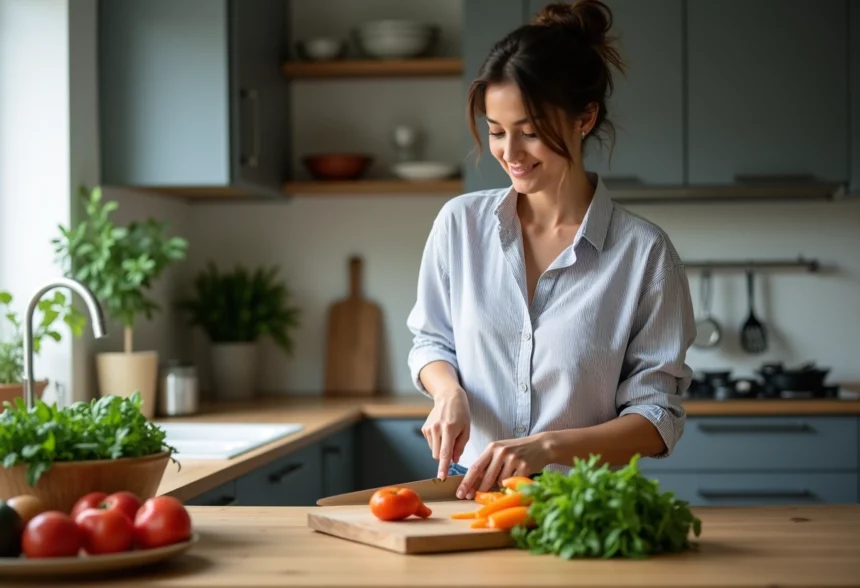 Femme en cuisine coupant des légumes frais dans une cuisine moderne