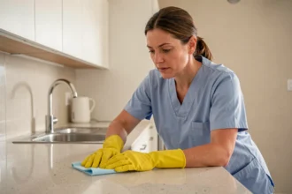 Femme de ménage professionnelle nettoyant un plan de travail de cuisine moderne avec un chiffon microfibre