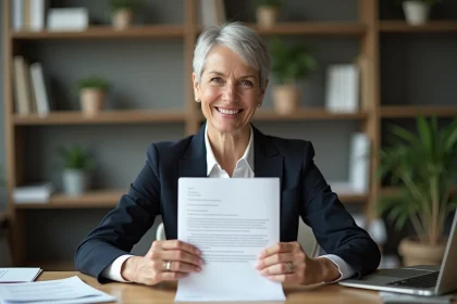 Femme souriante tenant une lettre de démission prête à partir