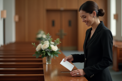 Femme en noir déposant une enveloppe dans une boîte de don