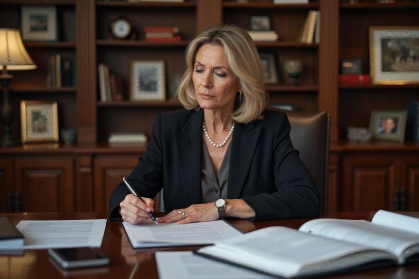 Femme d'âge moyen examinant des documents importants à la maison
