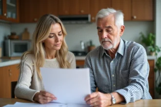 Femme d'âge moyen et son père âgé examinent des papiers à la cuisine