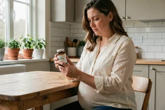 Femme enceinte examinant un flacon de compléments alimentaires avec précaution dans sa cuisine