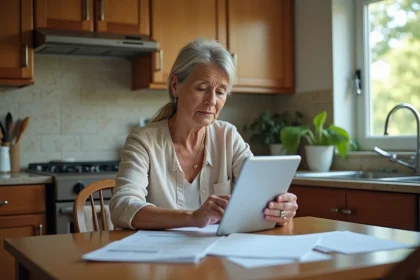 Femme d'âge moyen examinant des papiers à la cuisine