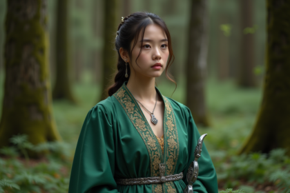 Jeune femme en robe verte dans la forêt avec un arc argenté