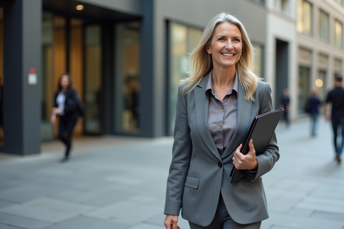 Femme francaise en costume marchant devant un immeuble moderne