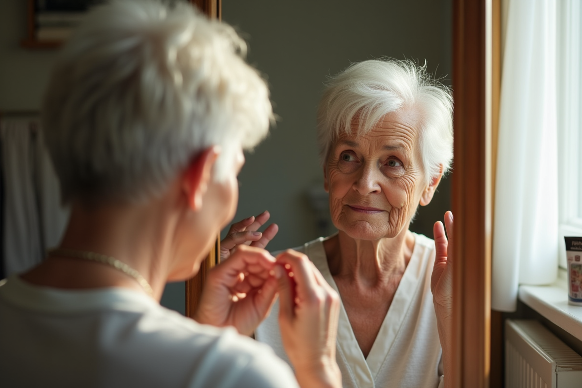 Femme âgée coiffant ses cheveux devant un miroir