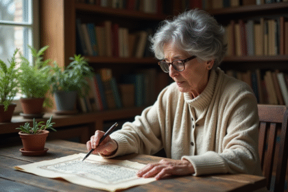 Femme contemplative lisant un tableau de chiffres dans un bureau cosy