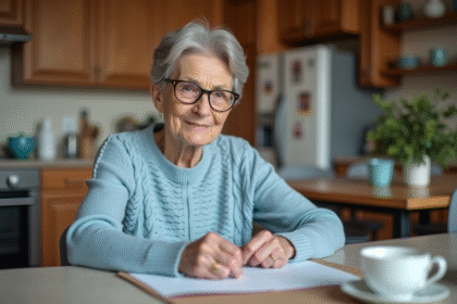Femme de 65 ans lisant une lettre dans sa cuisine chaleureuse