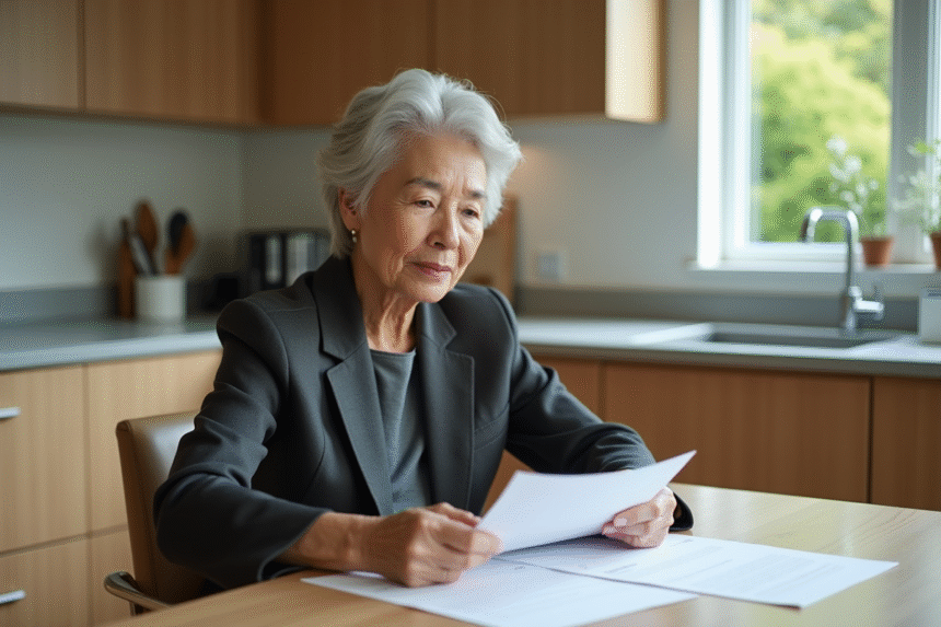 Femme d'âge moyen lisant des documents dans une cuisine moderne