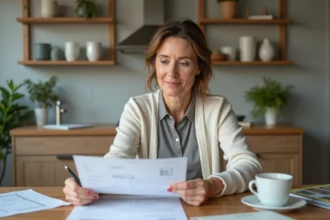 Femme d'âge moyen lisant des papiers dans une cuisine lumineuse