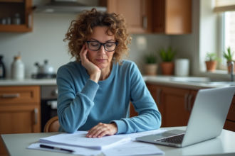 Femme d'âge moyen vérifiant des papiers dans sa cuisine