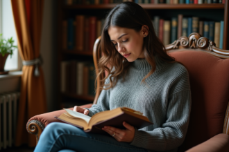 Femme lisant un vieux livre dans une bibliothèque chaleureuse