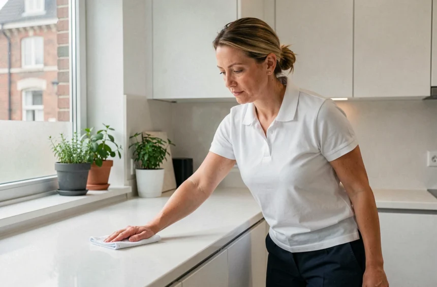 Femme de ménage professionnelle en uniforme blanc nettoyant un plan de travail dans un appartement moderne à Lille