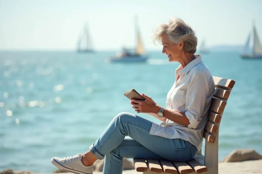 Femme assise sur un banc au bord de la mer avec journal