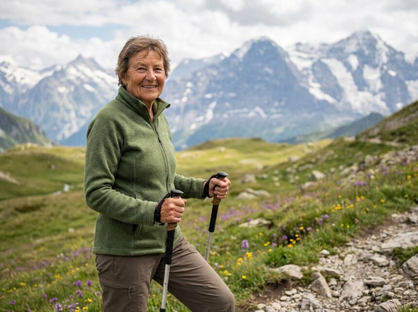 Femme senior souriante en randonnée dans les Alpes