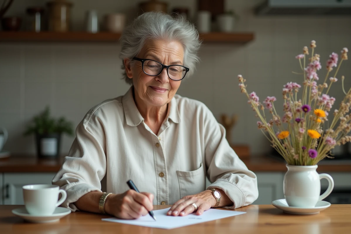 Femme écrivant un message de départ en retraite pour un ami avec un stylo plume dans une cuisine chaleureuse