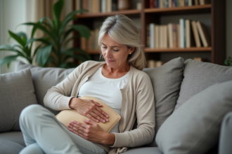 Femme d'âge moyen assise confortablement avec un coussin chauffant