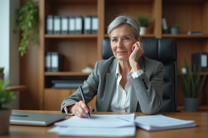 Femme d'âge moyen examinant des documents de pension au bureau