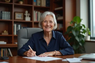 Femme d'une soixantaine d'années signant son document de retraite