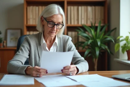 Femme retraitée qui consulte des documents de retraite complémentaire Agirc-Arrco à son bureau à domicile