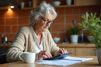 Femme retraitée examinant ses documents de pension et calculatrice sur une table en bois, illustrant la revalorisation des retraites 2026