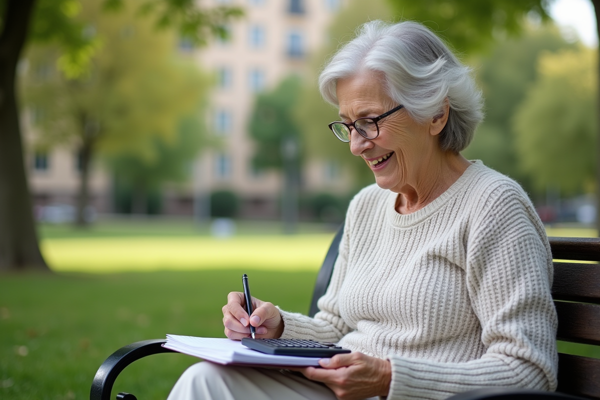 Femme retraitée détendue avec carnet et calculatrice en plein air