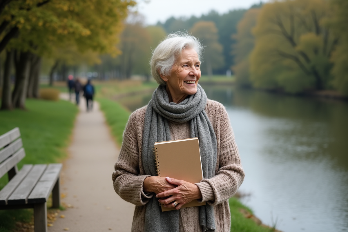 Femme retraitée marchant au bord de la rivière