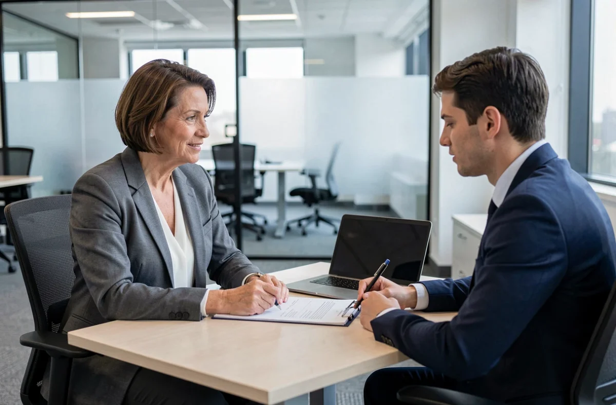 Femme cadre discutant d'une demande de retraite progressive avec un responsable RH dans un bureau moderne