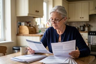 Une femme senior compare des brochures de formules d'assurance à sa table de cuisine