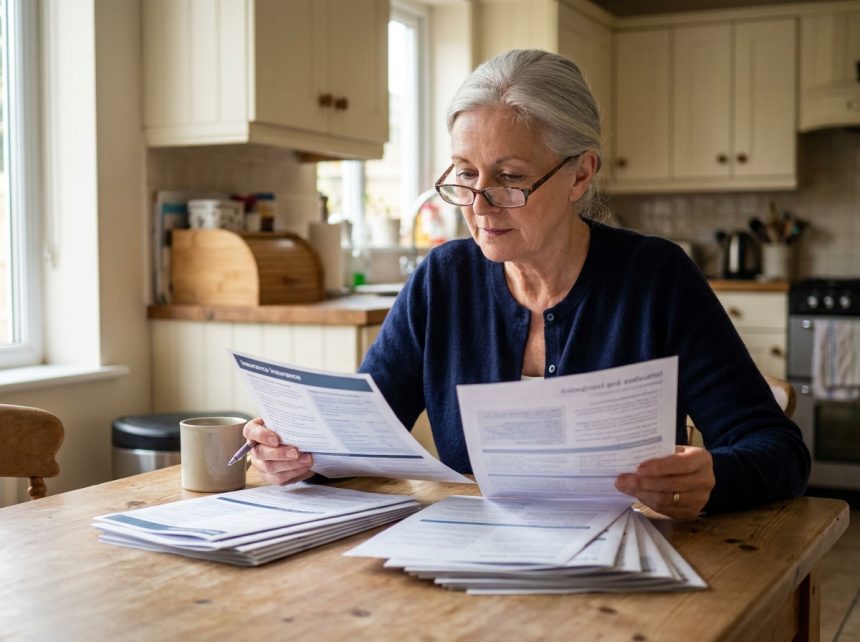 Une femme senior compare des brochures de formules d'assurance à sa table de cuisine