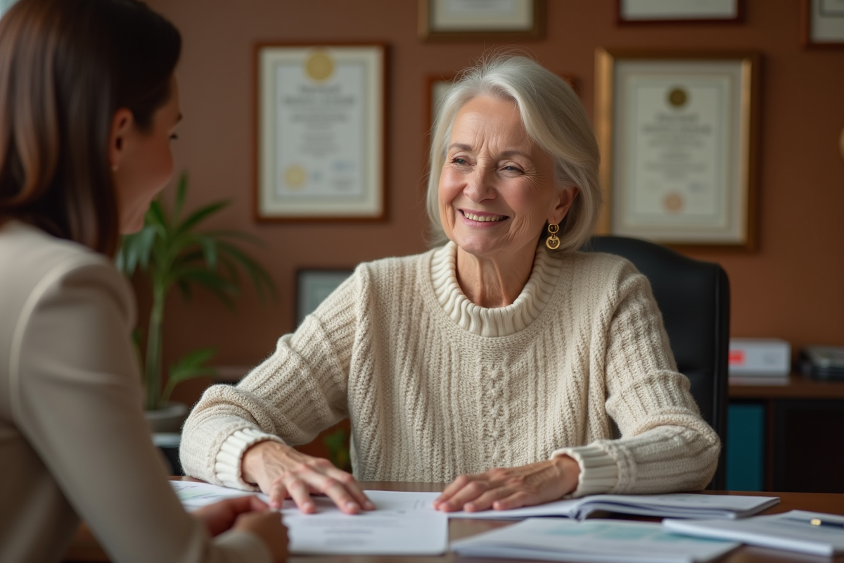 Femme senior souriante rencontre un conseiller dans un bureau chaleureux