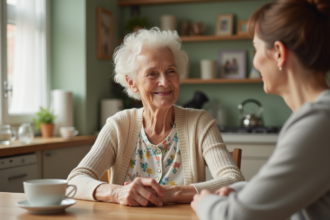 Femme âgée souriante avec aidant dans une cuisine chaleureuse