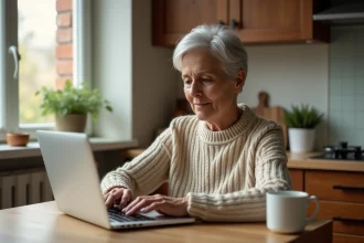 Femme senior explorant gratuitement un site de rencontres sur son ordinateur portable dans sa cuisine
