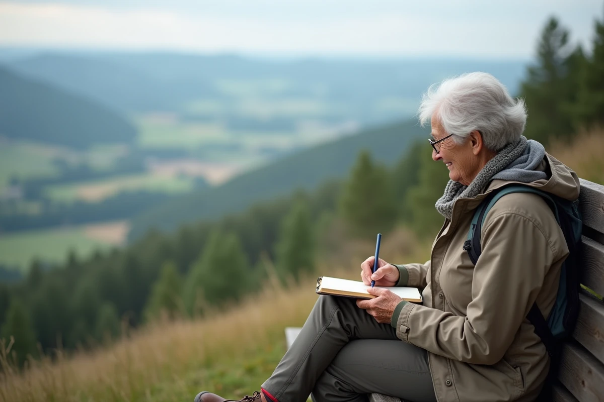 Femme senior écrivant dans un journal en vue panoramique