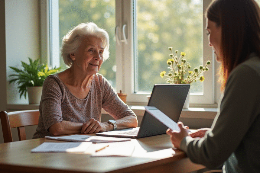 Femme senior rassuree avec un ordinateur dans une cuisine moderne