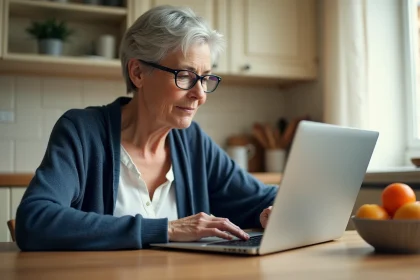 Femme senior utilisant un ordinateur portable pour dématérialiser sa carte Senior SNCF en ligne depuis sa cuisine