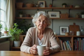 Femme senior assise à la maison en réflexion