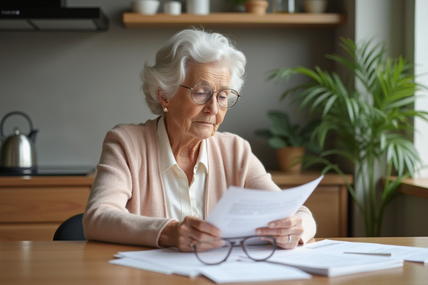 Femme âgée en intérieur examine documents financiers