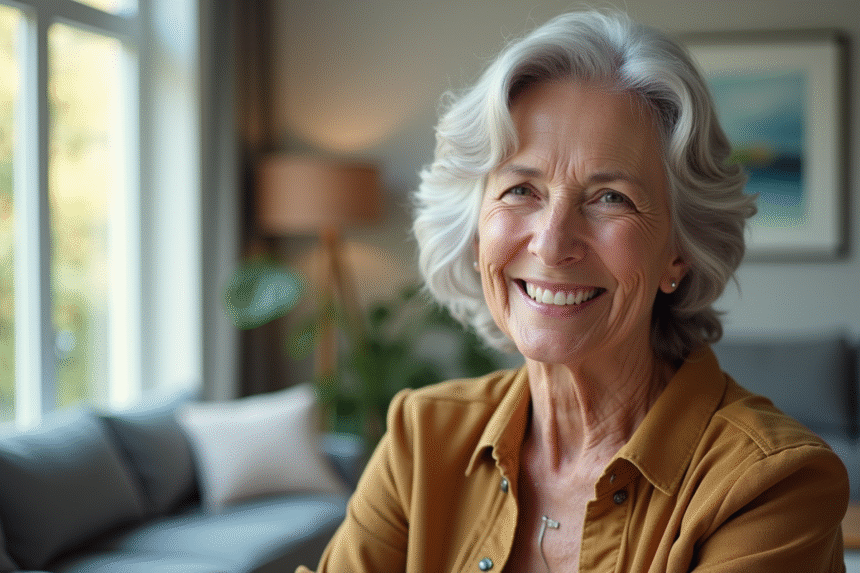 Femme senior souriante dans un salon lumineux