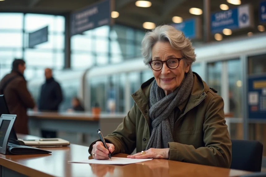 Femme senior souriante à la gare en train de remplir un formulaire