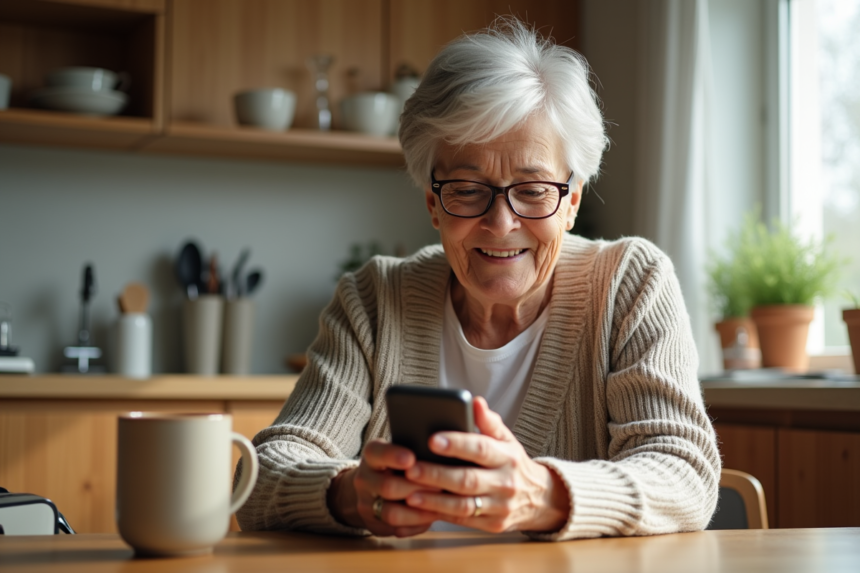 Femme senior souriante utilisant un téléphone à gros boutons dans la cuisine