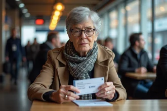 Femme senior examine un billet de train et carte de réduction