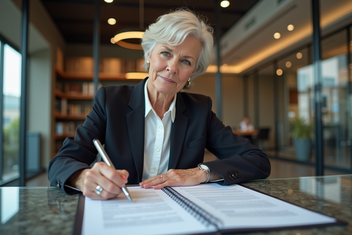 Femme signant un document dans un bureau moderne